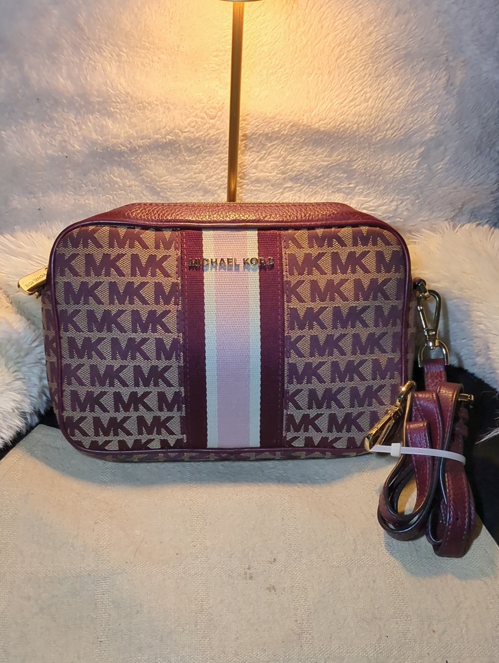 Michael Kors Plum MK Signature Crossbody with Center Stripe NOW ONLY $60 EUC